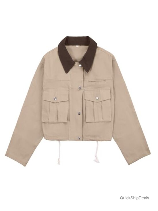 Jackets & Blazers - Cropped Cotton Utility Jacket Contrast Collar Button Down Lightweight Cargo Coat